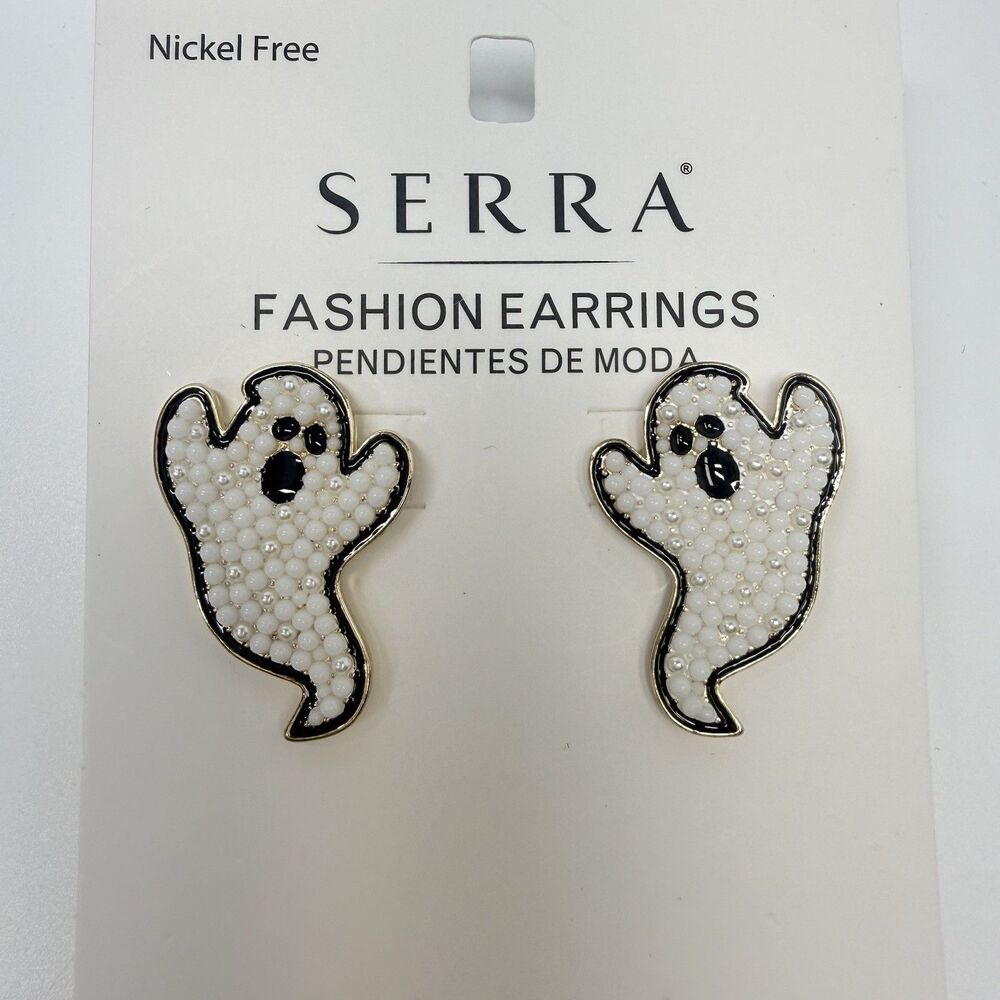 SERRA White Black Gold Beaded Halloween Ghost Stud Earrings New